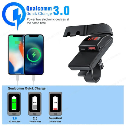 NEW PD QC3.0 Motorcycle USB Fast Charger 60W Handlebar Dual USB Socket with LED Voltmeter Waterproof 12-24V Power Supply Adapter
