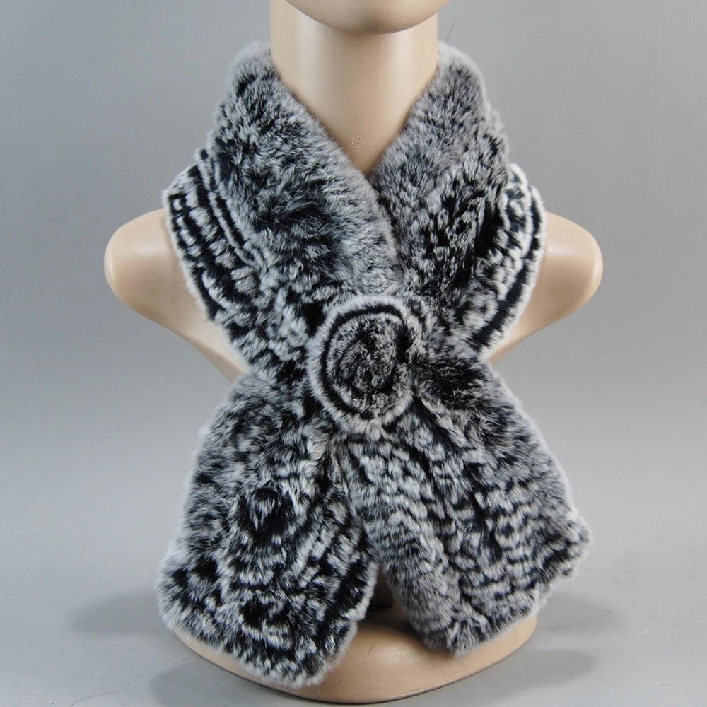 Hot Russian Women Knit Real Rex Rabbit Fur Scarf Lady Fashion Floral Rex Rabbit Fur Mufflers Hot Winter Warm Natural Fur Scarves