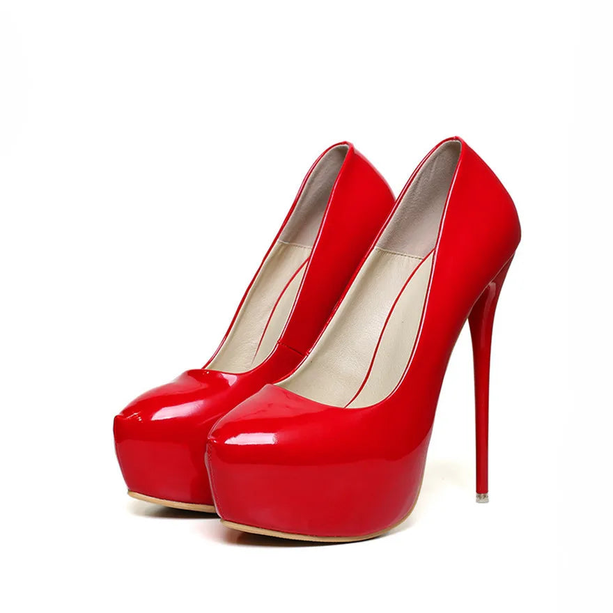 Big Size 35-47 Patent Leather Red Wedding Shoes 2025 Women Round Toe Super High Heels 16cm Pumps Sexy Platform Party Shoes Woman
