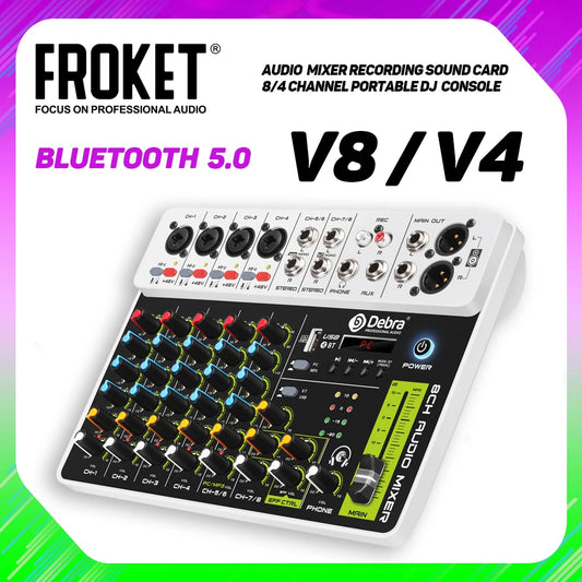 Debra V4/V8 Audio Mixer DJ Controller with Bluetooth USB 48V Phantom Power 4/8Channel Audio Mixer for Karaoke PC Recording