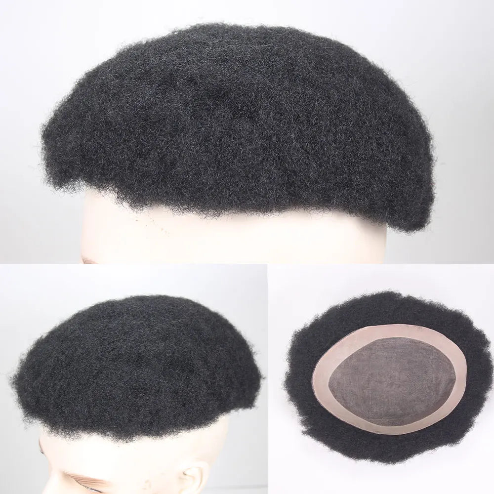 Afro Black Mens Toupee 4MM Man Wigs100% Human Hair African American Systems Afro Curly Hair pieces Replacement 1#Jet black 8x10"