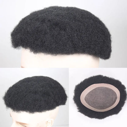 Afro Black Mens Toupee 4MM Man Wigs100% Human Hair African American Systems Afro Curly Hair pieces Replacement 1#Jet black 8x10"