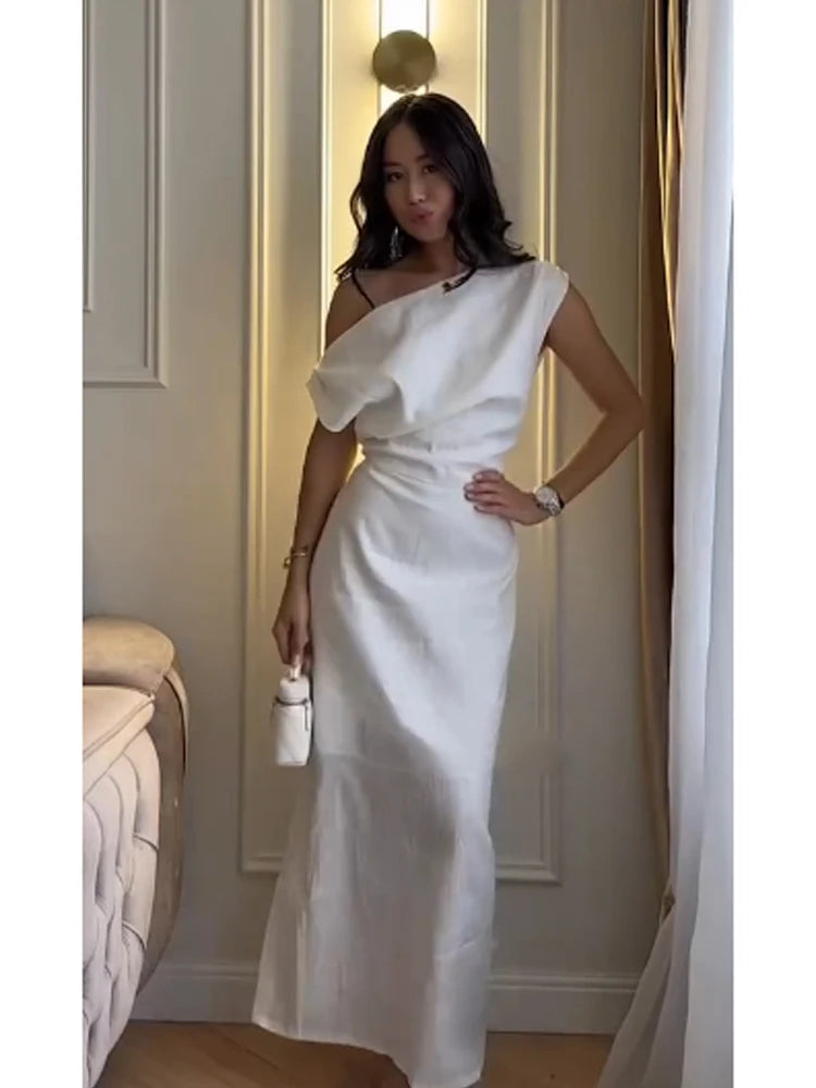 Women Off-shoulder Linen Maxi Dresses Elegant Waist-cinching Side Split Ankle-length Dresses 2026 Summer New Lady Casual Robes