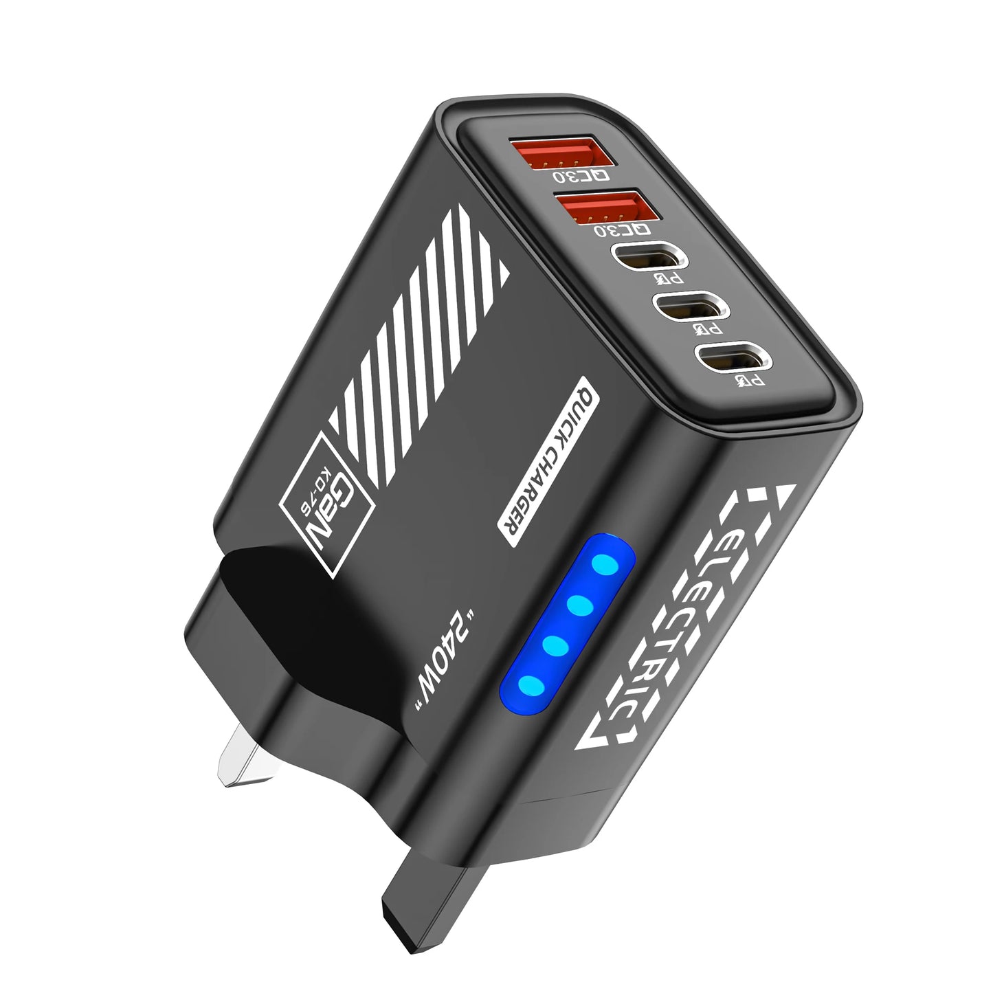 240W GaN Fast Charger 5 Ports 3USB C 2USB QC3.0 Quick Charge Plug Travel Wall Charger for iPhone Samsung Xiaomi Tablet EU/US/UK