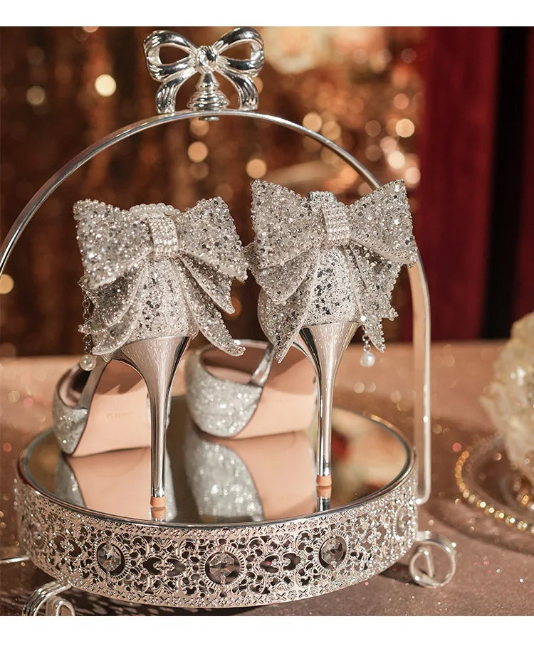 Shiny Glitter Bow Pearl Chain High Heels Wedding Banquet Dress Wedding Shoes Women's Shoes