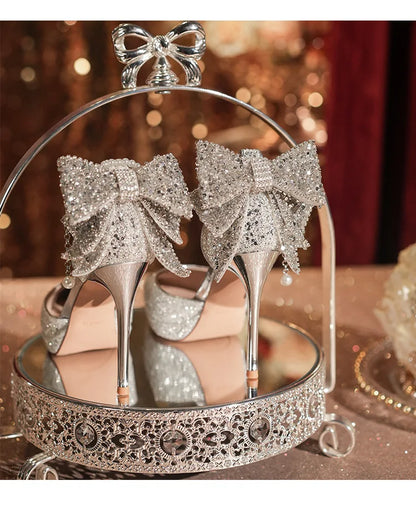 Shiny Glitter Bow Pearl Chain High Heels Wedding Banquet Dress Wedding Shoes Women's Shoes