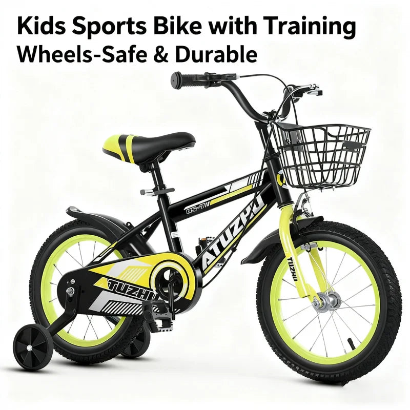 Bright Yellow Sports Style Children's Bicycle - 14 Inch 16 Inch 18 Inch Pedal Bikes for Boys And Girls Aged 3-9 Years Old