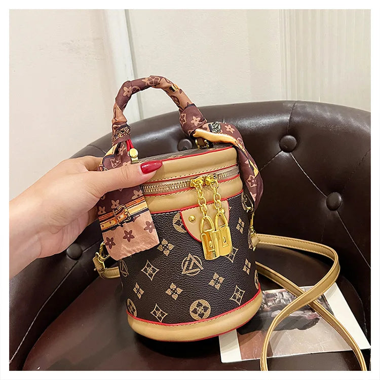 Stylish Printed Bucket Bag with Scarf Detachable Strap Shoulder Crossbody Bag for Women