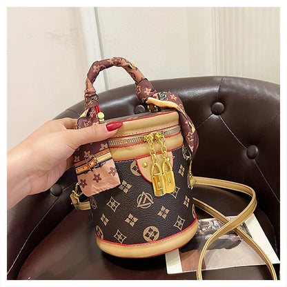 Stylish Printed Bucket Bag with Scarf Detachable Strap Shoulder Crossbody Bag for Women