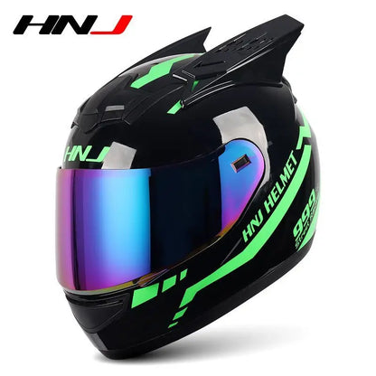 HNJ Men Motorcycle Helmet Women Full Face Helmet Riding Personality Horn Pink Helmet DOT Certification casco moto