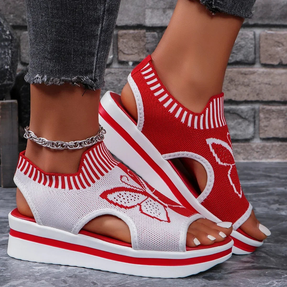 2024 Summer New Women Sandals Round Toe Platform Sole Mesh Single Women Shoes Casual Fashion Blue Butterfly Plus Size Sandals