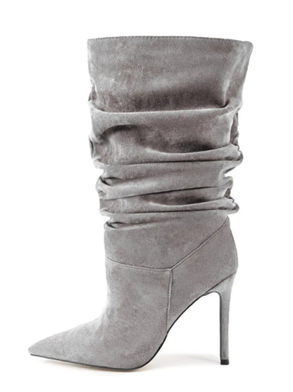 2025Women's Autumn and Winter New Pleated High-heeled Short Boots with Pointed Sleeves, Women's 35-47 Large Mid Length Boots