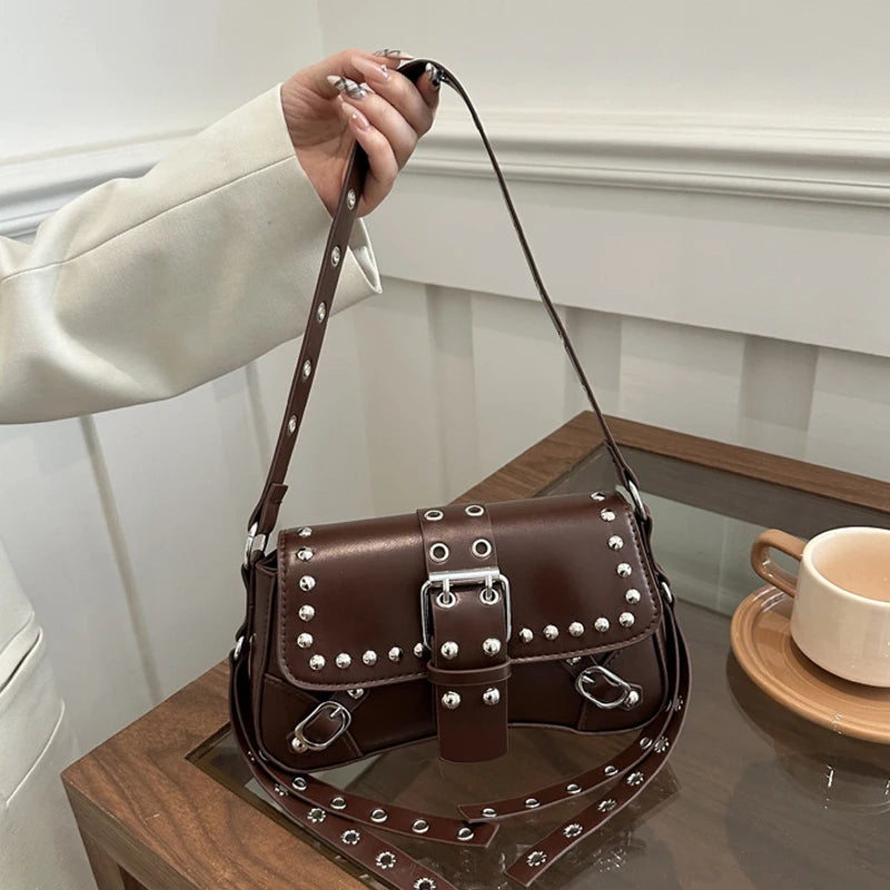 Shoulder Bag for Women Pink Underarm Bags PU Leather Crescent Bags with Rivet Small Y2k Purses Trendy Armpit Purse