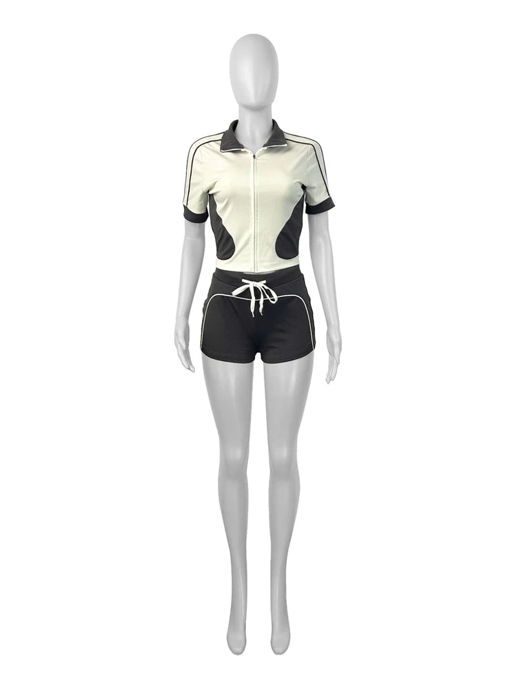 Women Sets Outfit Summer Streetwear Panelled Two Tone Slim Sports Short Sleeve Shorts Suits Zip Crop Tops Casual 2 Two Piece Set