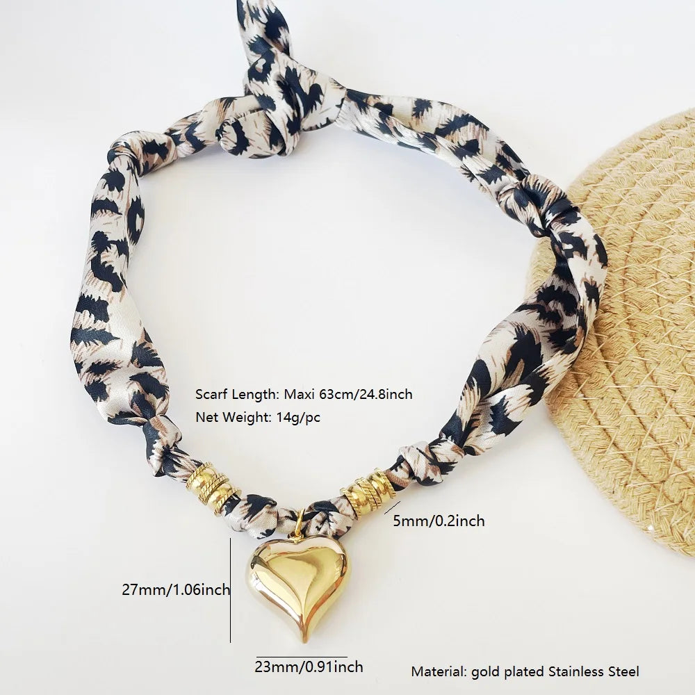 Women’s Fashion Scarf Necklace with Large Stainless Steel Heart Pendant Stackable Bandana Jewelry