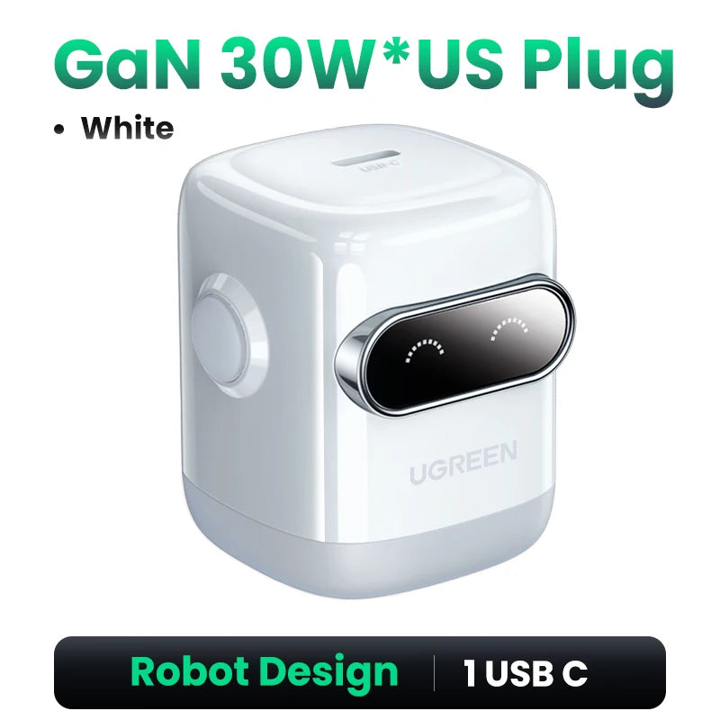 【US Plug】UGREEN Robot Design 30W GaN Charger QC4.0 3.0 PPS PD3.0 Fast Charger For iPhone 16 15 14 Pro Samsung Xiaomi iPad Air