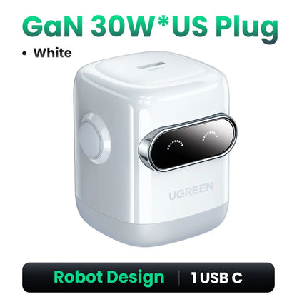【US Plug】UGREEN Robot Design 30W GaN Charger QC4.0 3.0 PPS PD3.0 Fast Charger For iPhone 16 15 14 Pro Samsung Xiaomi iPad Air