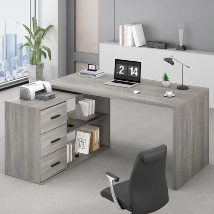 Black L Shaped Computer Desk with Drawers, L Shaped Home Office Desk with Storage Cabinet Shelves, Reversible, Customized