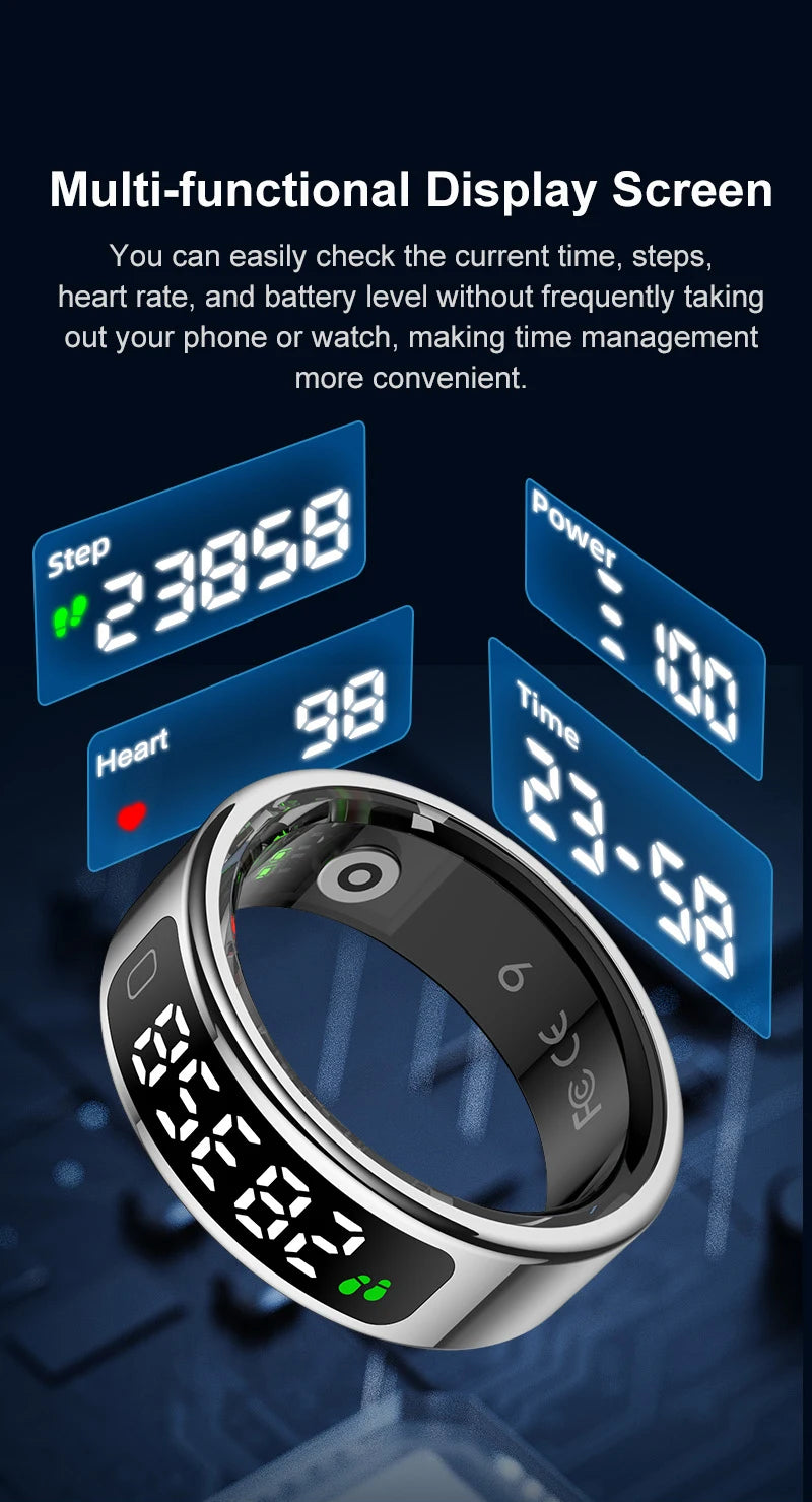 Touch Display Smart Ring R11C with Charging Box-1ATM Waterproof Step Health Tracker 5.2 BLE Heart Rate Blood Oxygen Monitor