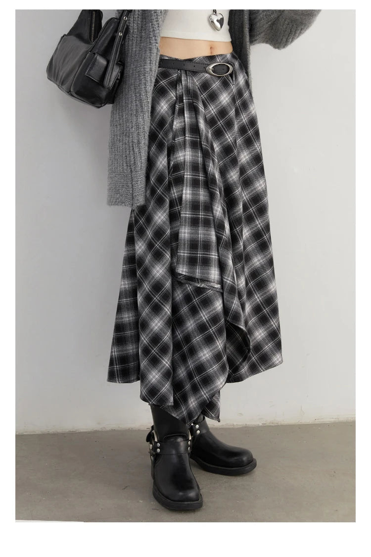 CHIC VEN Women Skirts A Line Retro Loose High Waist Irregular Color Plaid Frosted Half Body Long Ladies Skirt Autumn Winter 2026