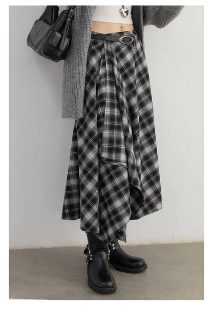 CHIC VEN Women Skirts A Line Retro Loose High Waist Irregular Color Plaid Frosted Half Body Long Ladies Skirt Autumn Winter 2026