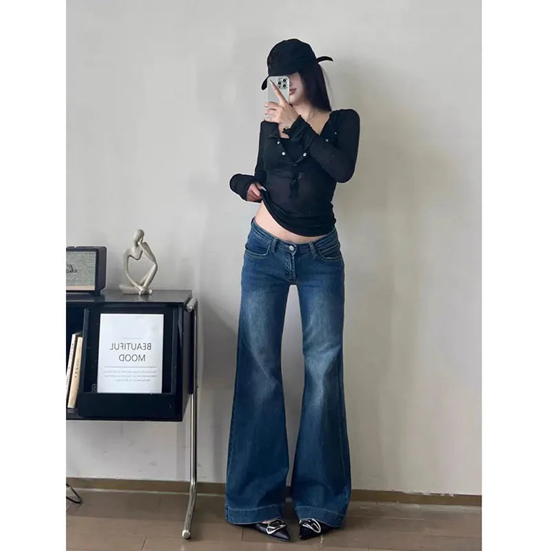 2025 New High Waist Flared Jeans Female Y2K Vintage Slim Stretchy Denim Pants for Women Aesthetic Streetwear Wide Leg Trousers