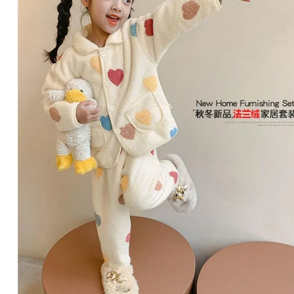 Flannel Girls Pajamas Sets Winter Children's Coral Fleece Sleepwear Cartoon Teenager Loungewear Set Thicken Kids Pyjamas Clothes