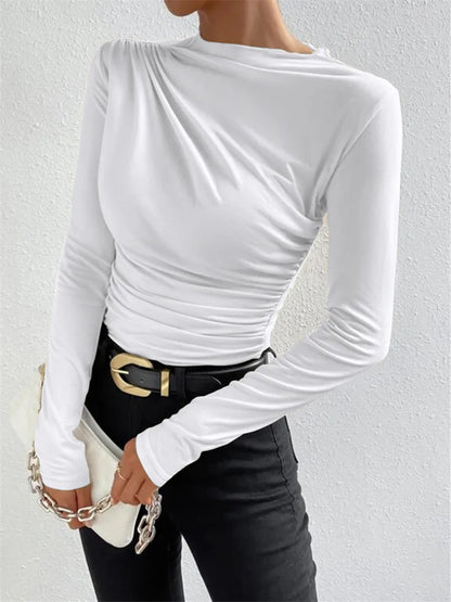 Fashion Solid Color Slim Fit T Shirt Women Trendy All-match Folds Long Sleeve T Shirts Ladies Tops Streetwear 2024 Spring New