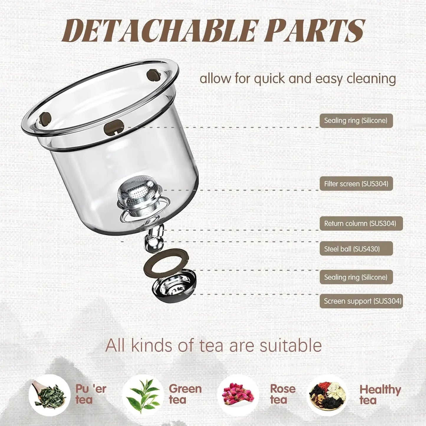 600ML Enchanti Tea Pot Glass Kettle Teapot with Wooden Handle One Click Switch Tea Filtration  Teapots Puer Tea Cup Set