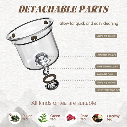 600ML Enchanti Tea Pot Glass Kettle Teapot with Wooden Handle One Click Switch Tea Filtration  Teapots Puer Tea Cup Set