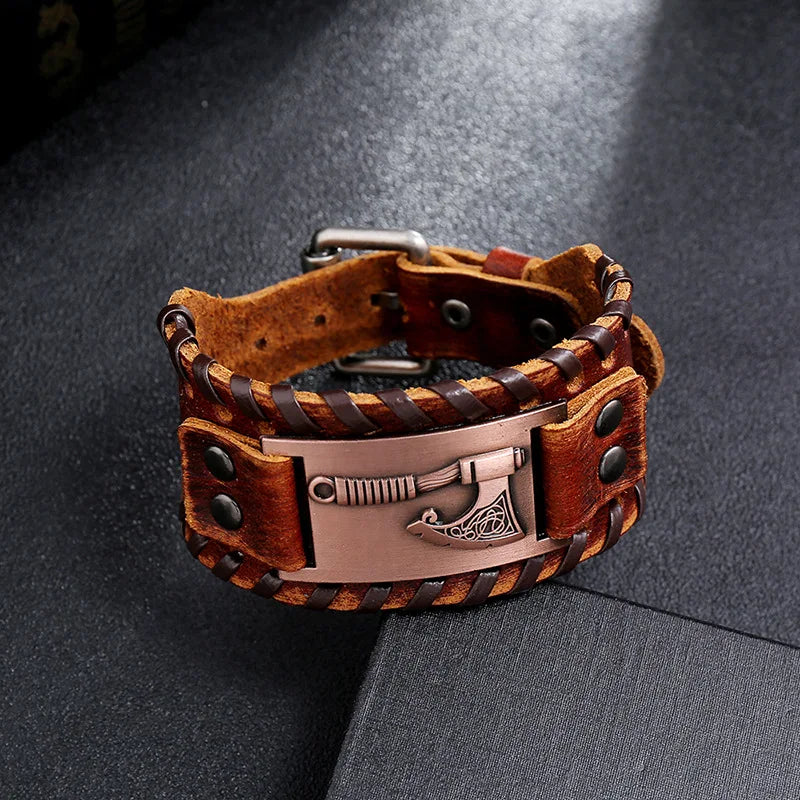 Trendy Wide Edition Leather Woven Rune Viking Tomahawk Bracelet Charm Man Bracelet New Fashion Hip Hop Punk Jewelry Accessories