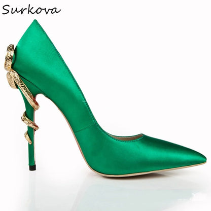 Metal Rhinestone Winding Snake Heels Pumps Women Pointed Toe Stiletto Heel Slip On Satin Pumps 2025 New Sexy Party Catwalk Pumps
