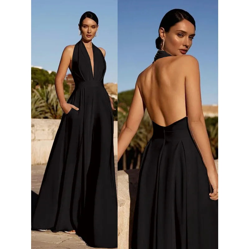 Elegant Women Corset Party Jumpsuit Y2K Sexy Halter Backless Loose Wide Leg Trousers Palazzo Pants Romper Celebrity One Pieces