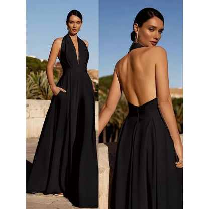 Elegant Women Corset Party Jumpsuit Y2K Sexy Halter Backless Loose Wide Leg Trousers Palazzo Pants Romper Celebrity One Pieces