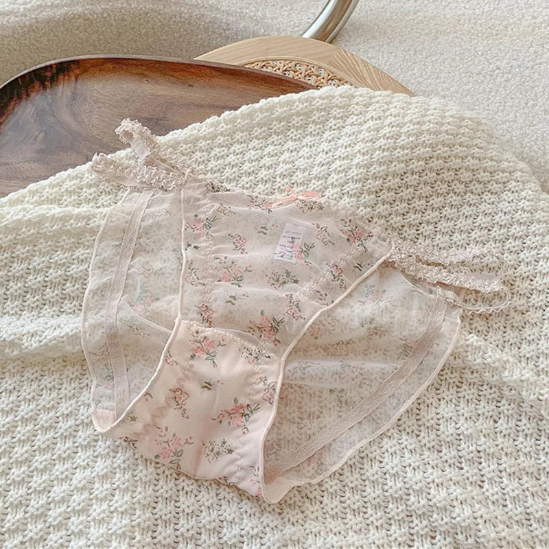 Women's Panties Cross Waistband Hipsters Low Rise Lace Strappy Panties Transparent Mesh Floral Pattern Sweet Bowknot Sexy Female