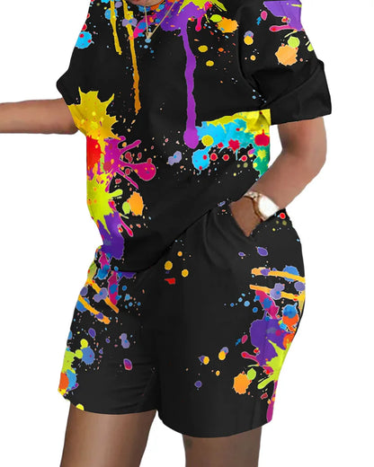 Ladies Casual Summer Two Piece Sets Printed Shorts Sets Women Round Neck Short Sleeve T Shirts Pullover High Waist Trousers Suit
