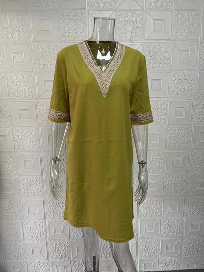 New solid color V-neck mid-sleeved elegant dress