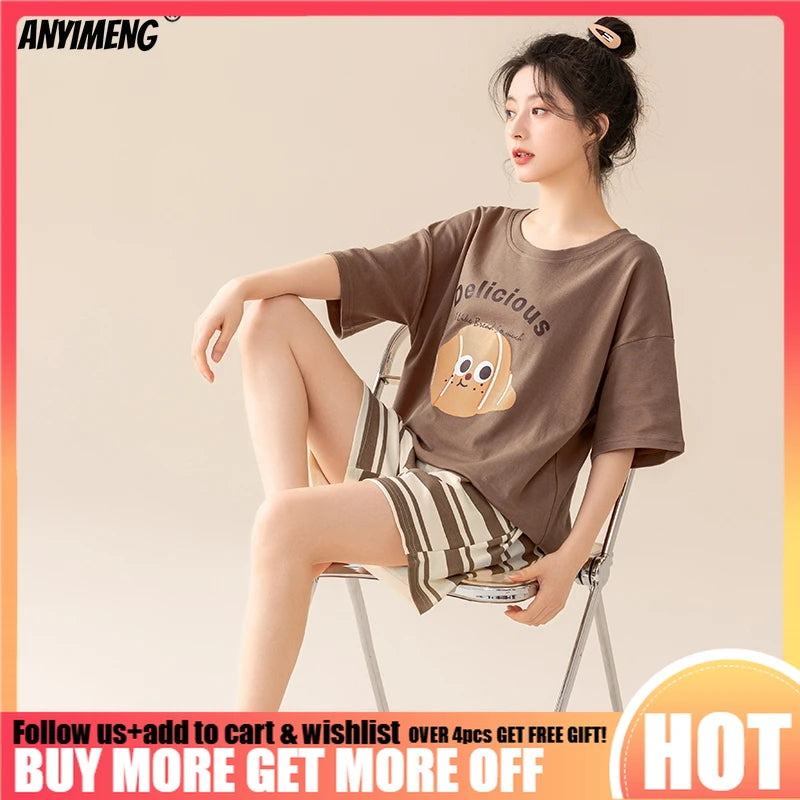 100% Pure Cotton Women Pajamas Summer Cartoon Print Pijamas Girls Nightwear Homewear Short Sleeve Sleepwear O-neck Loungewear