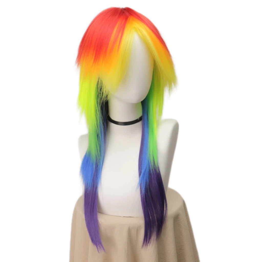 Rainbow Ombre Long Straight Layered Synthetic Wig With Bangs Unisex Pride Halloween Party Cosplay Costume Hairpiece
