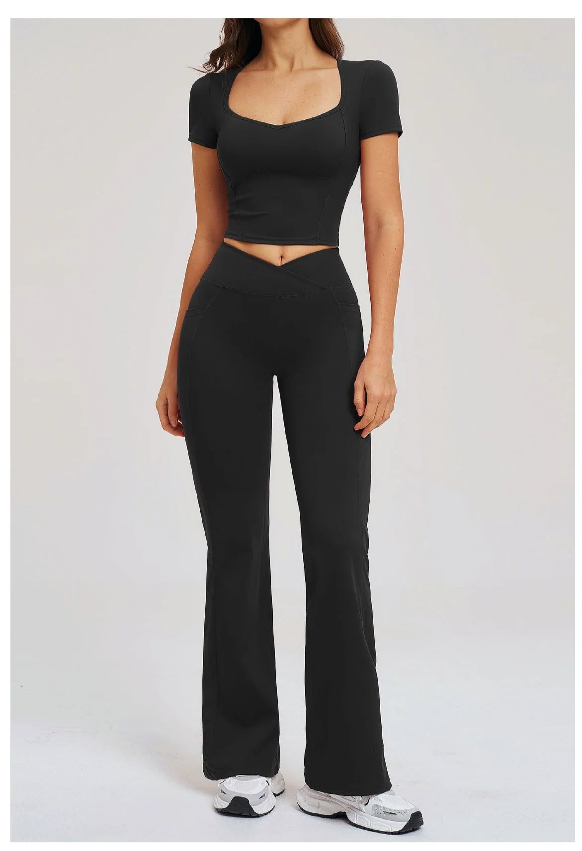 2PCS Women's Yoga Tracksuit midriff-baring short sleeve top high waist Bell-bottom Women Gym Running Training Workout Yoga Set