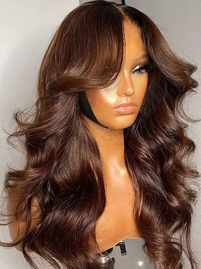 OKVOKV Chocolate Brown Color Body Wave 13x4 Transparent Lace Front Wigs 250% Density 30 32 Inch Human Hair Pre Plucked With Baby Hair For Women Body Wave HD Lace Front Wigs