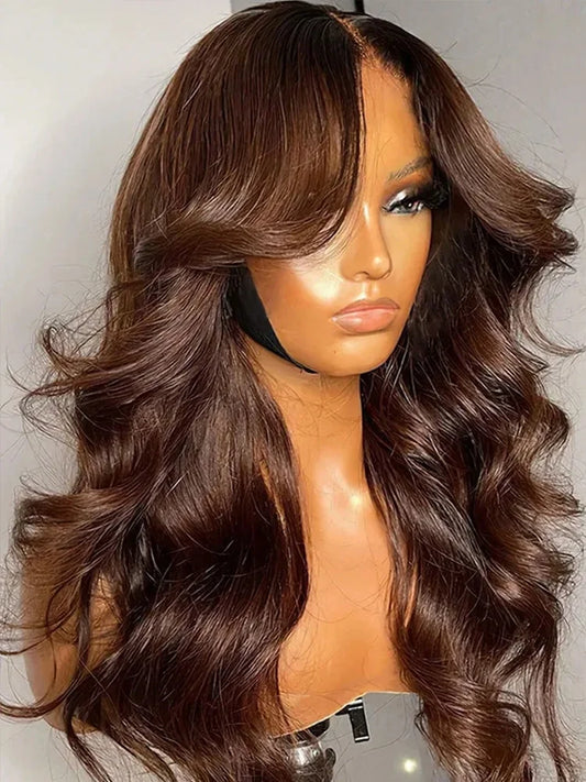 OKVOKV Chocolate Brown Color Body Wave 13x4 Transparent Lace Front Wigs 250% Density 30 32 Inch Human Hair Pre Plucked With Baby Hair For Women Body Wave HD Lace Front Wigs