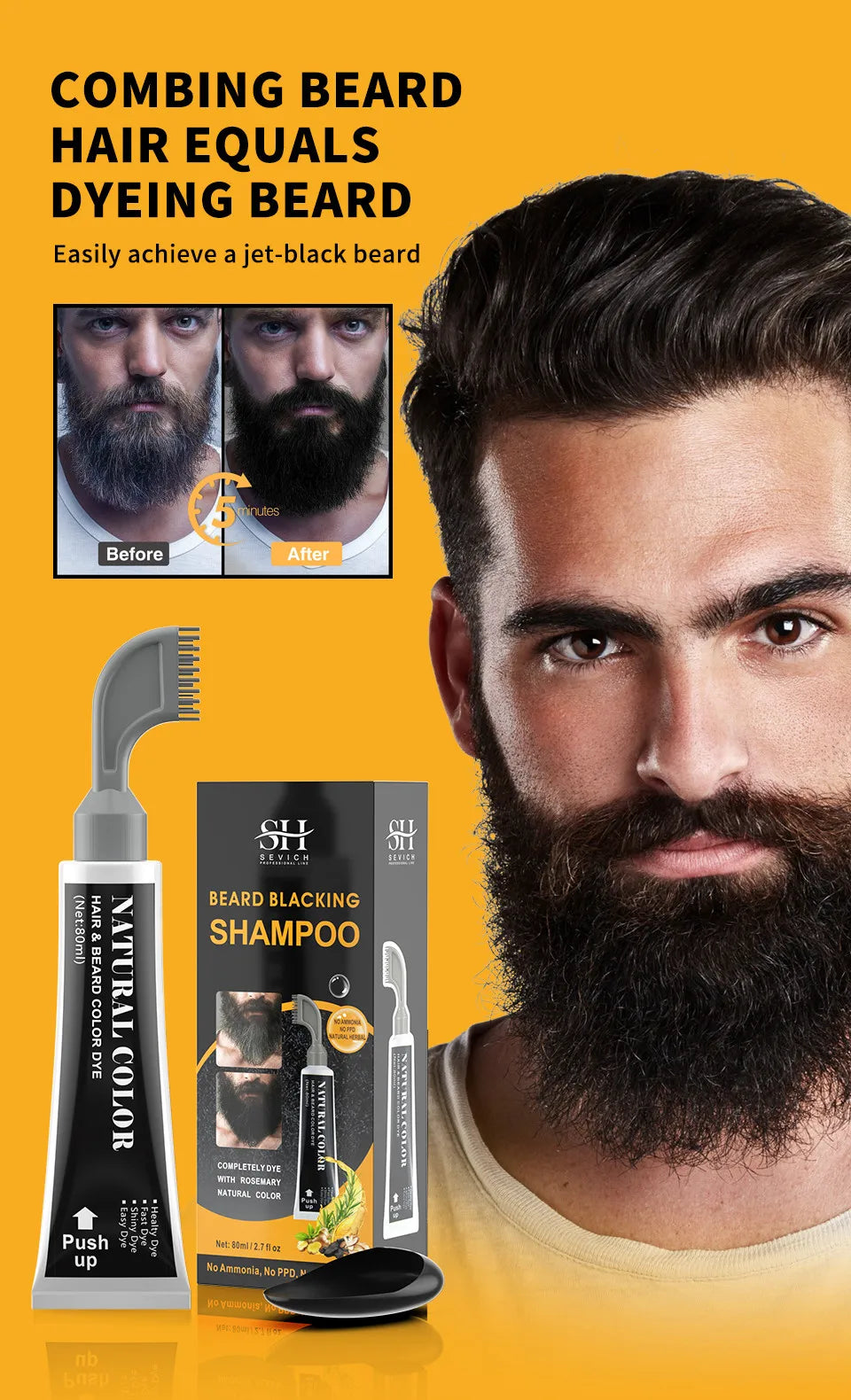 80ml Hair Dye Cream Black Beard Dye Cream For Men Permanent Plant Beard Dye Shampoo Fast Cover White Grey Beard Hair Care