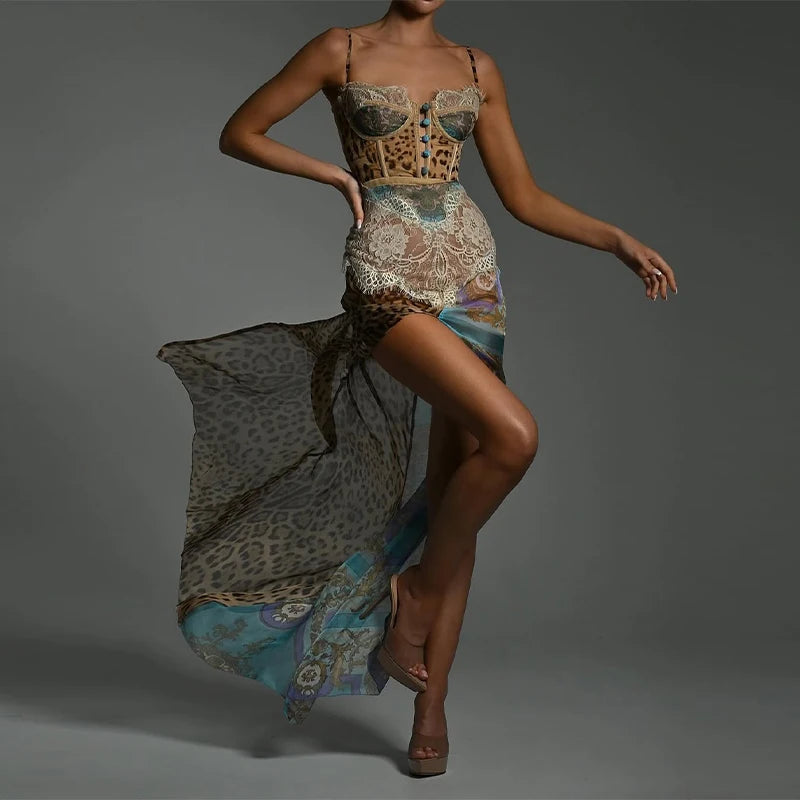 Leopard Printed Patchwork Lace Dress Women's Irregular See Though Button Sling Vestidos Sexy Summer Beach Party Gowns New