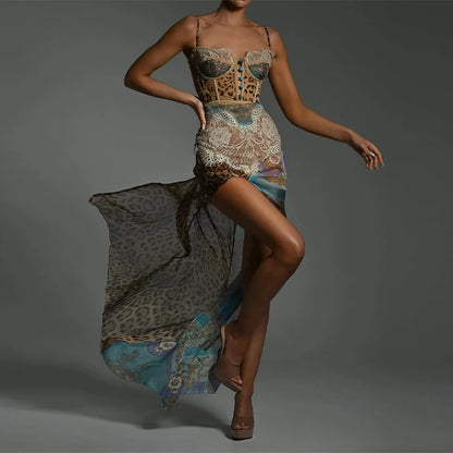 Leopard Printed Patchwork Lace Dress Women's Irregular See Though Button Sling Vestidos Sexy Summer Beach Party Gowns New