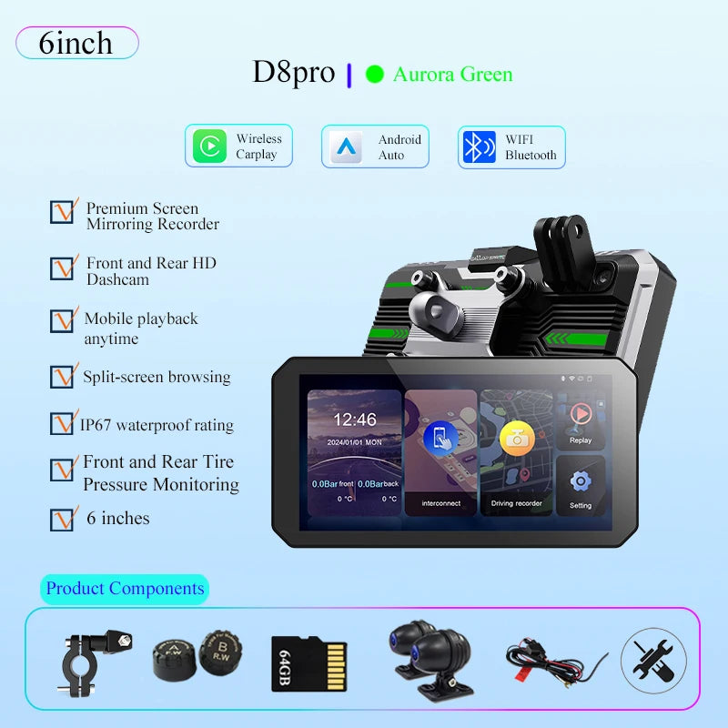 Gallop Sprite 6 inch Motorcycle GPS Navigation Wireless CarPlay Android Auto DVR Drive Recorder Portable Moto Monitor IPX7