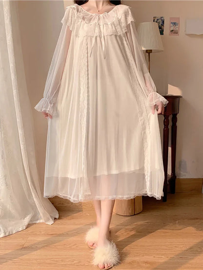Women Ruffles Vintage Nightgowns Lolita Princess Sleepwear White Lace Mesh Fairy Night Dress Victorian Nightdress Loungewear