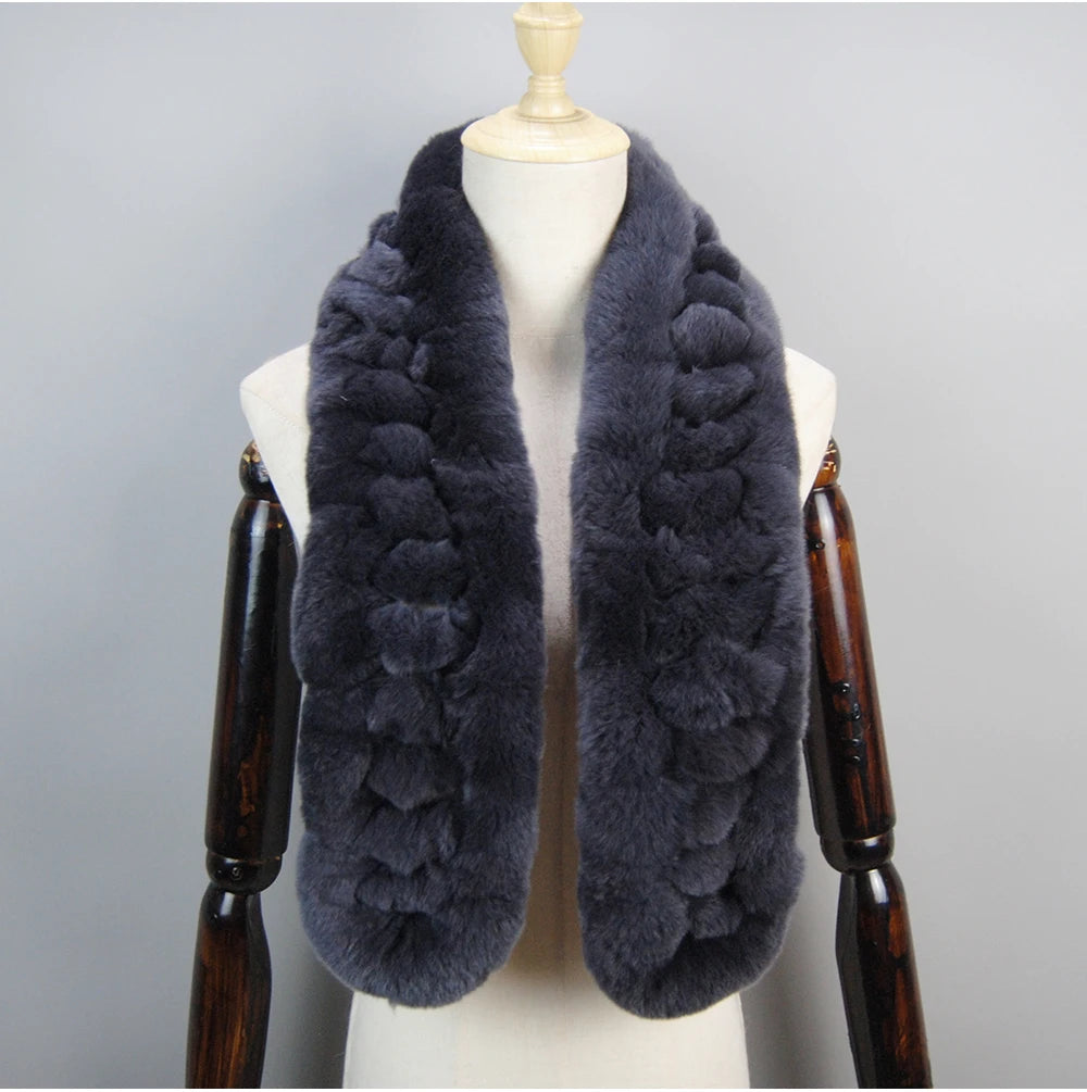 Winter Women Knitted Real Rex Rabbit Fur Scarf Natural Soft Long Style Rex Rabbit Fur Muffler Lady Warm 100% Genuine Fur Scarves