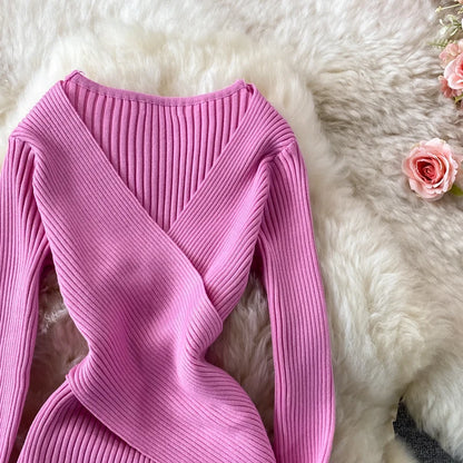 YuooMuoo Autumn Winter 2025 Women Dress Elegant Cross V-neck Slim Waist Knitted Bodycon Dress Korean Office Lady Vestidos