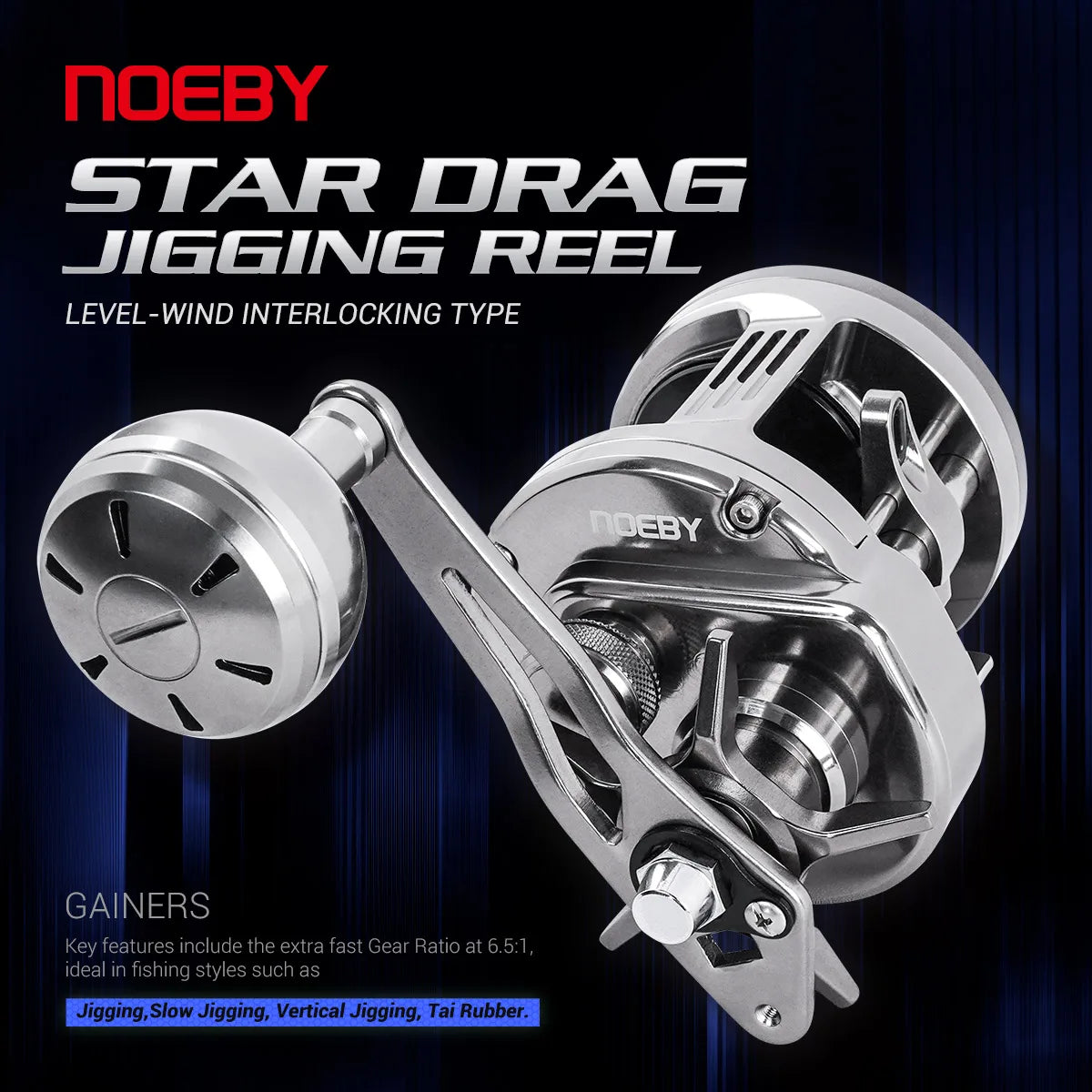 Noeby-Light Metal Jigging Reel, 12kg Max Drag,Star Drag, Slow Jigging Reel, Ocean Sea Baitcasting Reel,383G, Gear Ratio 6.5:1
